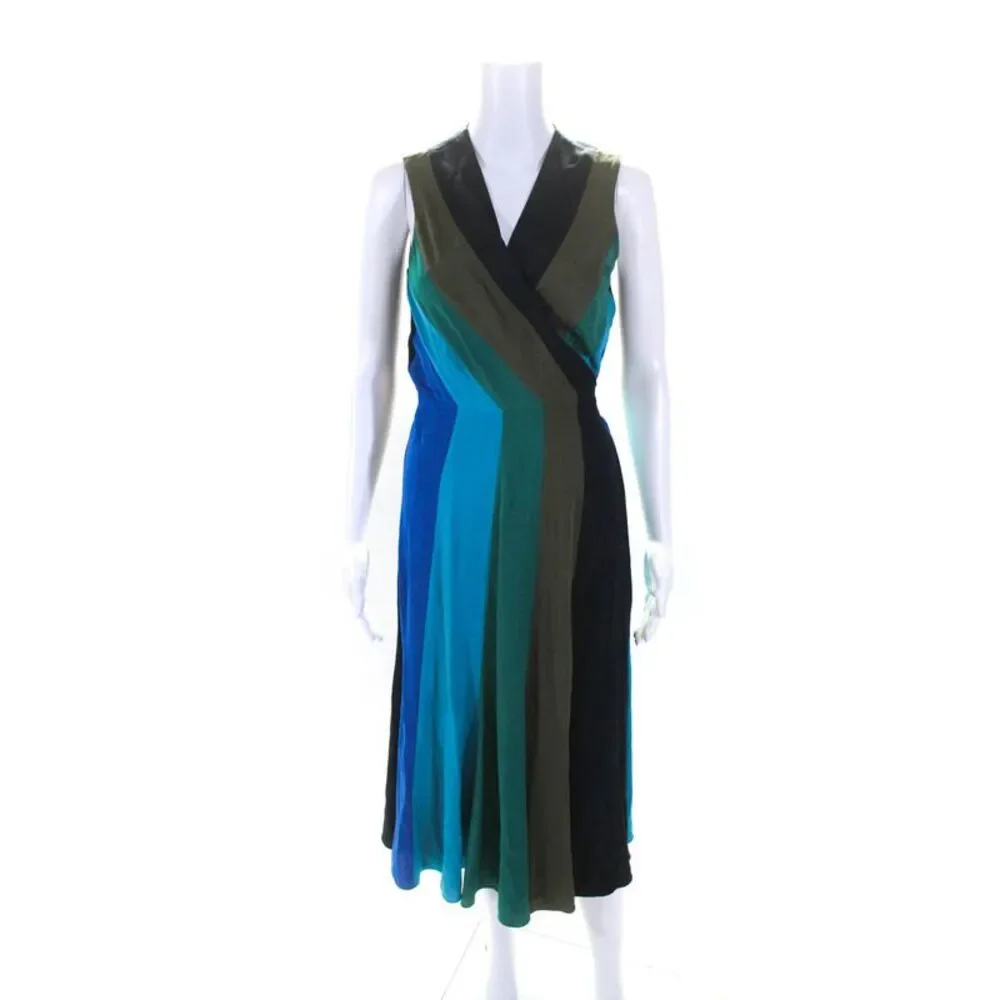 Diane Von Furstenberg Womens Sleeveless Striped Silk Midi Dress Blue Size 4